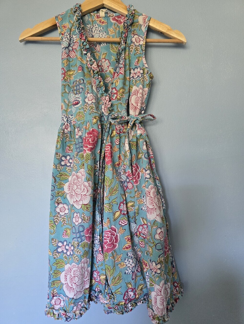 Anokhi Koki Kids Sleeveless Floral Wrap Dress in Teal and Pink 8-9Y